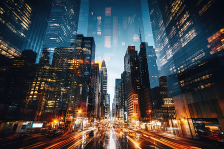 Abstract night cityscape background. Smart city, ai and digital transformation concept. Double exposureの素材