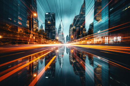 Abstract night cityscape background. Smart city, ai and digital transformation concept. Double exposureの素材