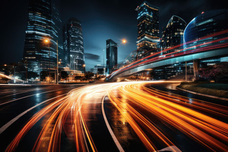 Abstract night cityscape background. Smart city, ai and digital transformation concept. Double exposureの素材