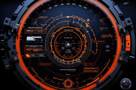 Abstract technology hud interface hologram elements neon lights, circle percent vitality innovation on hi tech future design. Generative AIの素材