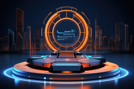 Abstract technology hud interface hologram elements neon lights, circle percent vitality innovation on hi tech future design. Generative AIの素材