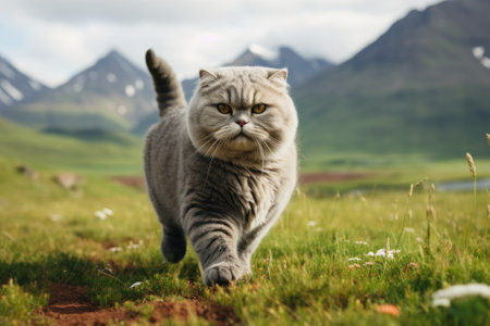 Scottish cat gray hair in the wild and mountain background. Generative AIの素材