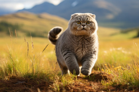 Scottish cat gray hair in the wild and mountain background. Generative AIの素材