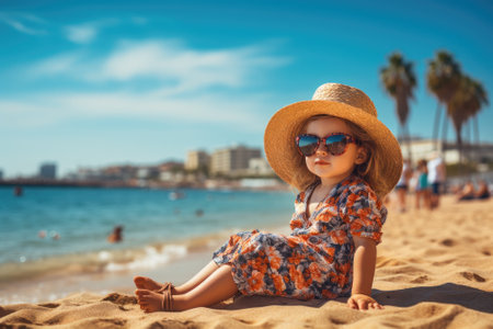 Girl tourist enjoying the sea. trip and journey concept. Generative AIの素材