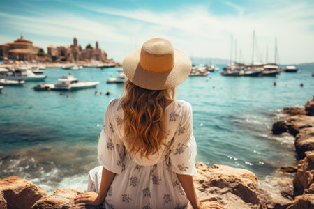 Woman tourist enjoying the sea. trip and journey concept. Generative AIの素材