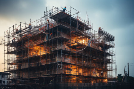 Construction scaffolding and building site. Generative AIの素材