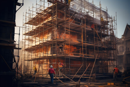 Construction scaffolding and building site. Generative AIの素材
