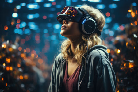 Girl wearing virtual reality headset. VR goggles innovation technology. Generative AIの素材