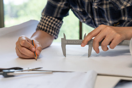 architect working with blueprints, engineer inspection in workplace for architectural plan, sketching a construction projectの写真素材
