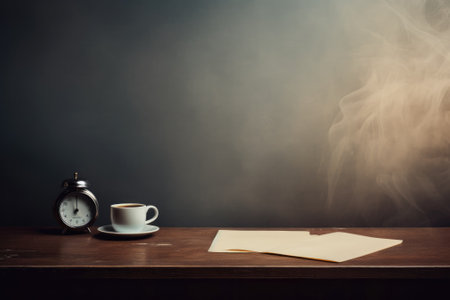 Office desk with office tools, computer laptop on wood table background with copy space. Generative AIの素材