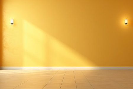 Empty yellow wall and smooth floor with interesting light glare Background. interior advertising. Generative AI.の素材