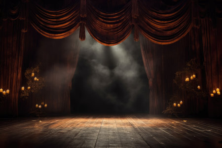 Empty scary stage with red curtains decorate with halloween theme. copy space. Generative AIの素材