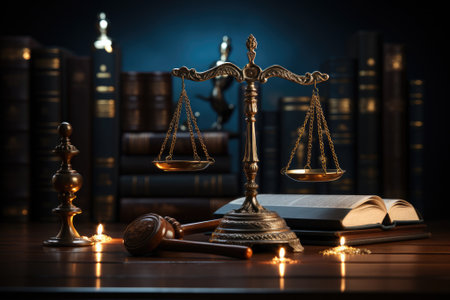 Justice and legal book on wooden table, legal services, advice, Justice concept. Generative AIの素材