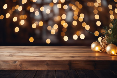 Wooden table on the background. Night party theme. Generative AIの素材
