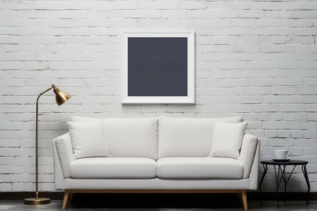 Blank picture frame mockup with luxury sofa on living room. Generative AIの素材