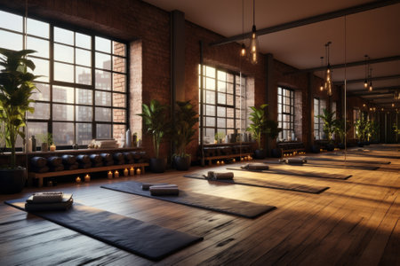 Yoga with mat lying on wood floor in a yoga studio. Generative AIの素材