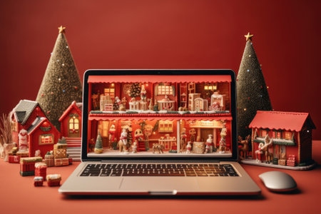 Laptop showing online shopping christmas theme. ecommerce concept. Generative AIの素材
