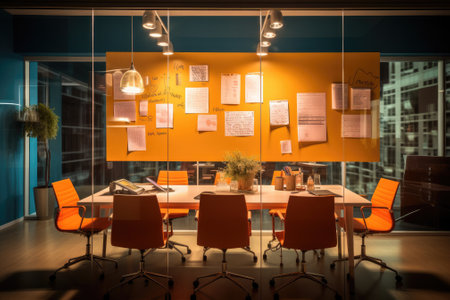 Empty office meeting room with sticky note on mirror. Generative AIの素材