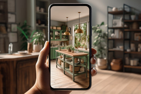 Mock up smart phone with blank screen with living room background for advertise. Generative AIの素材
