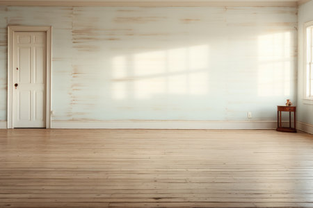 Empty room and wall and wooden floor with interesting with glare from the window. Interior background for the presentation. Generative AIの素材
