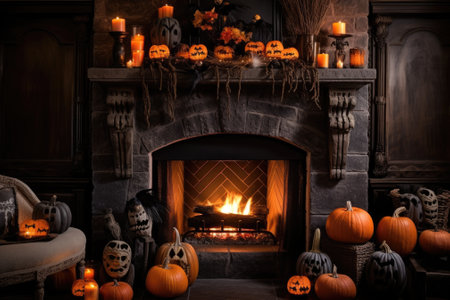 Luxury fireplace interior decorate by halloween theme in living room. Generative AIの素材