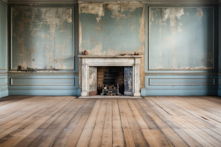 Empty room and fireplace with interesting with glare from the window. Interior background for the presentation. Generative AIの素材