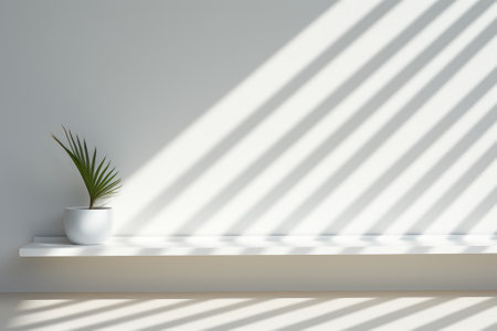 Empty white wall and smooth floor with interesting light glare Background. interior advertising. Generative AI.の素材