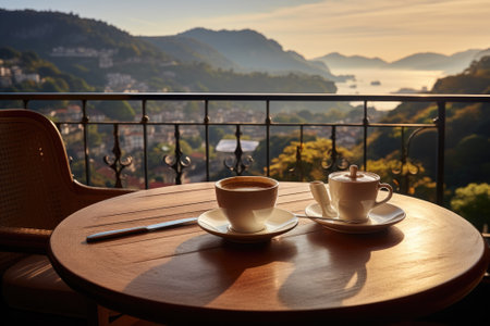 Morning coffee with mountain view. Generative AIの素材