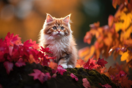Cute cat at autumn garden. Generative AIの素材
