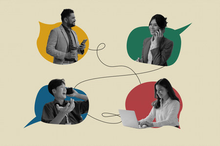 Photo collage of people diversity group communicating modern technologies isolated beige color...