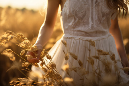 Close up Woman on rice field and touches wheat. Generative AIの素材