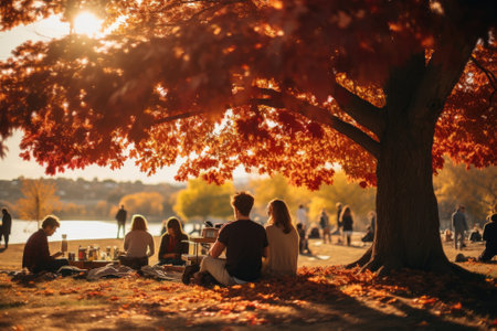 People picnic under the tree at park in autumn season. Generative AIの素材