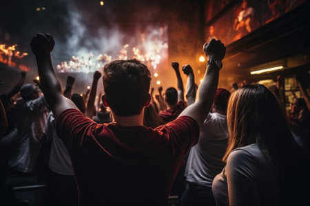 Sport fans party cheer and celebrating a winning tournament and watching TV at home. Generative AIの素材