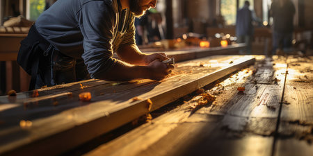 workers in safety vests operating. Wooden plank on a sawmill conveyor belt. Generative AIの素材