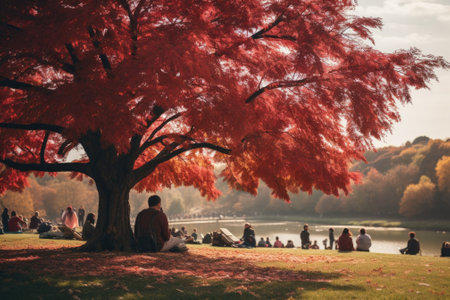 People picnic under the tree at park in autumn season. Generative AIの素材