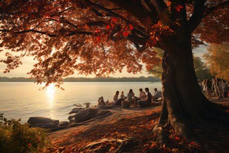 People picnic under the tree at park in autumn season. Generative AIの素材