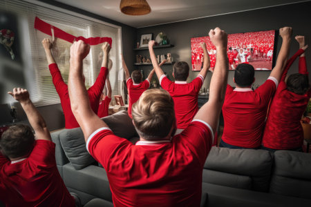 Sport fans party cheer and celebrating a winning tournament and watching TV at home. Generative AIの素材