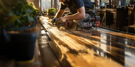 workers in safety vests operating. Wooden plank on a sawmill conveyor belt. Generative AIの素材