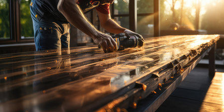 workers in safety vests operating. Wooden plank on a sawmill conveyor belt. Generative AIの素材