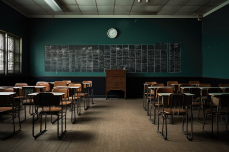 Empty Classroom with white floor. High school. Generative AIの素材
