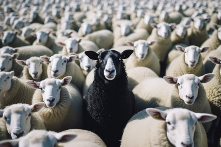 Black sheep among white sheep on green meadow. Generative AIの素材