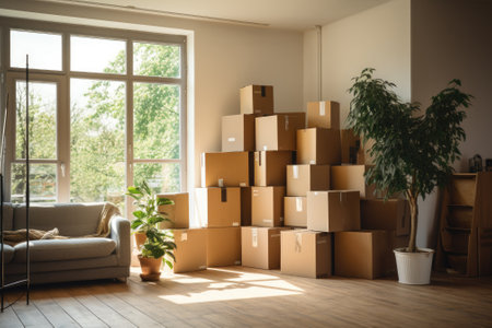 Stack Cardboard boxes at living room. moving to a new house. Generative AIの素材