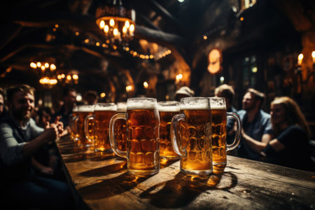 Beer mugs on table and people drinking beer in party on background. Generative AIの素材