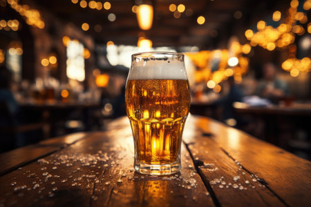 Beer mugs on table and people drinking beer in party on background. Generative AIの素材
