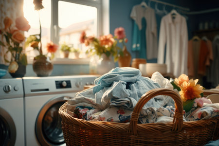 Basket and Washing machine with towels in a laundry room at home. Generative AIの素材