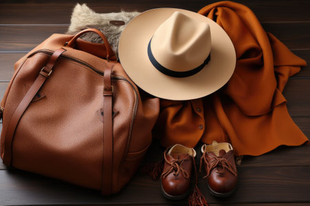 Tourism or travel concept. Leather bag, boots, hat. Generative AIの素材