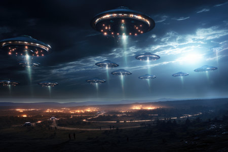 Aliens spaceships, Mystery ufo on sky, Generative AIの素材