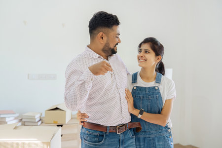 House Ownership. Portrait Of Happy Indian Married Holding Showing Key Standing In New homeの写真素材