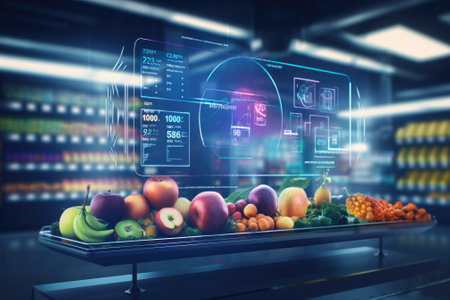 Supermarket has a wide aisle full of fruit and vegetables, bright lighting from bulbs. Generative AIの素材