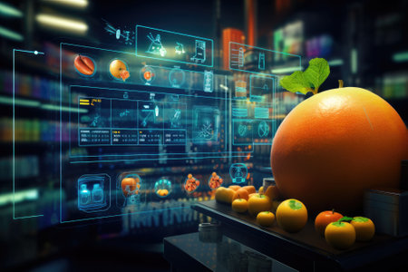 Supermarket has a wide aisle full of fruit and vegetables, bright lighting from bulbs. Generative AIの素材